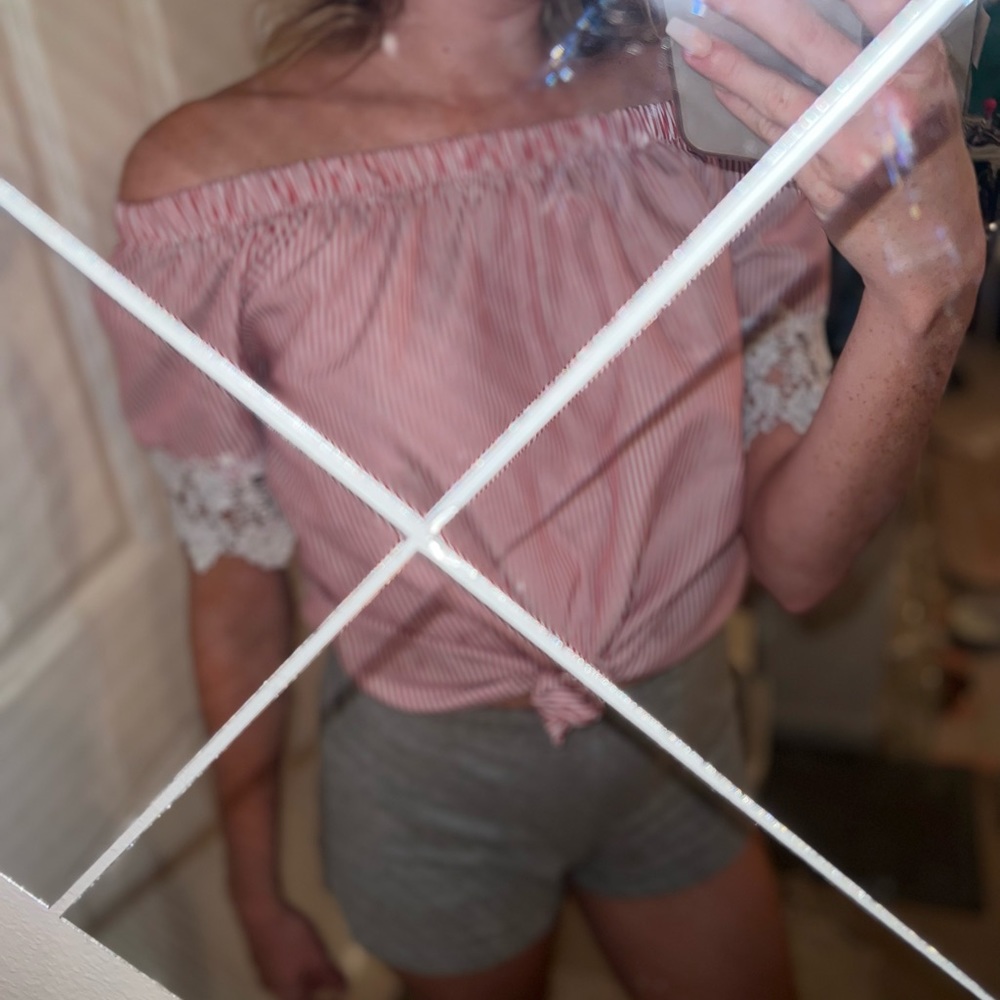 Red and white striped off the shoulder top